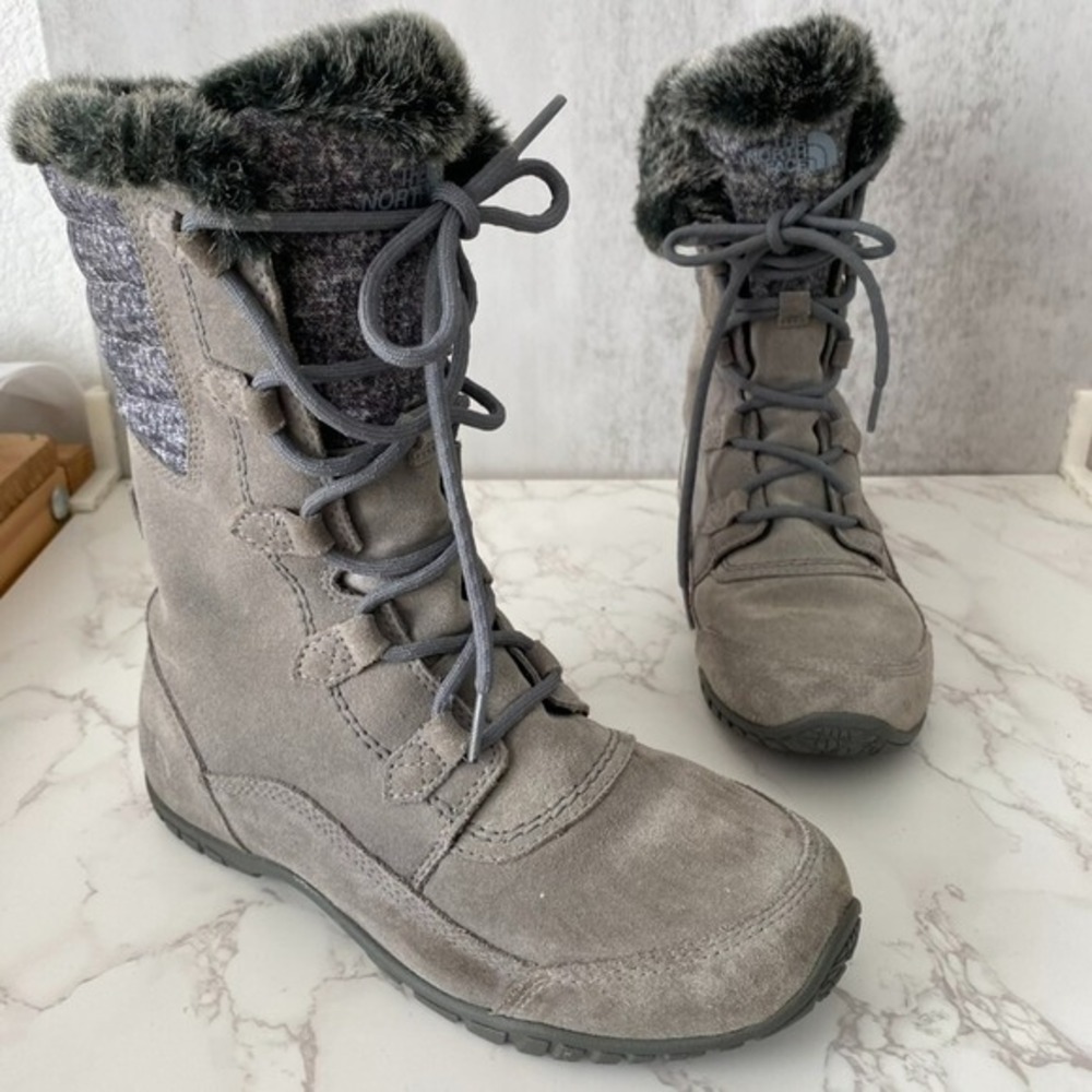 The North Face Boots Women's Sz 7 Grey Fur Lined Suede‎ Nuptse Purna II